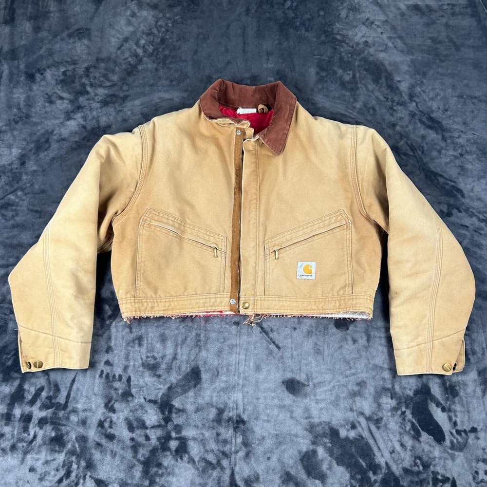 Vintage Carhartt Reworked Mens Coverall Jacket 46 Brown Cropped Raw Hem USA Made